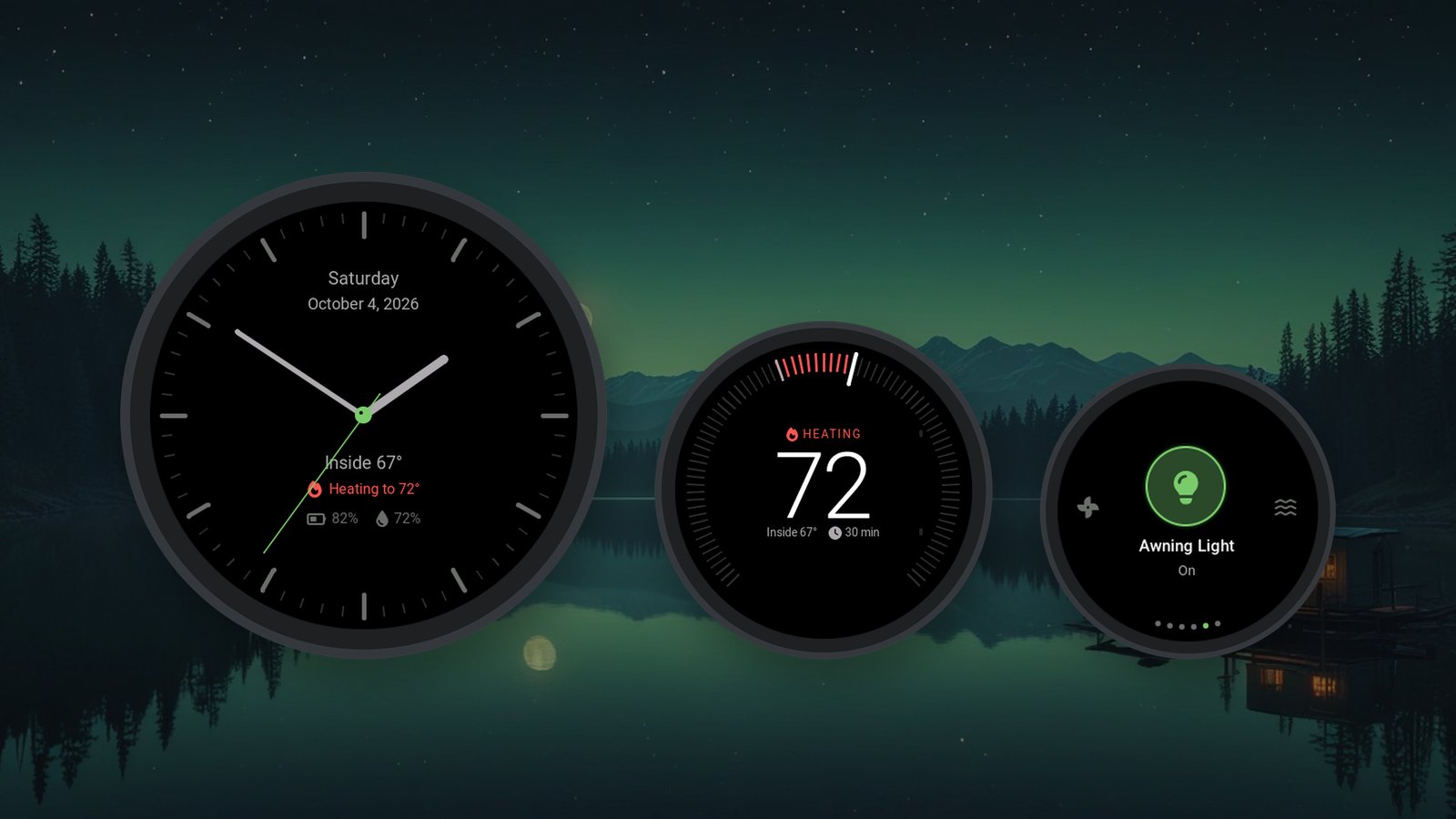 Three round Capstan dials side by side at true relative size: a clock face, the thermostat heating to 72 degrees, and the awning light switched on