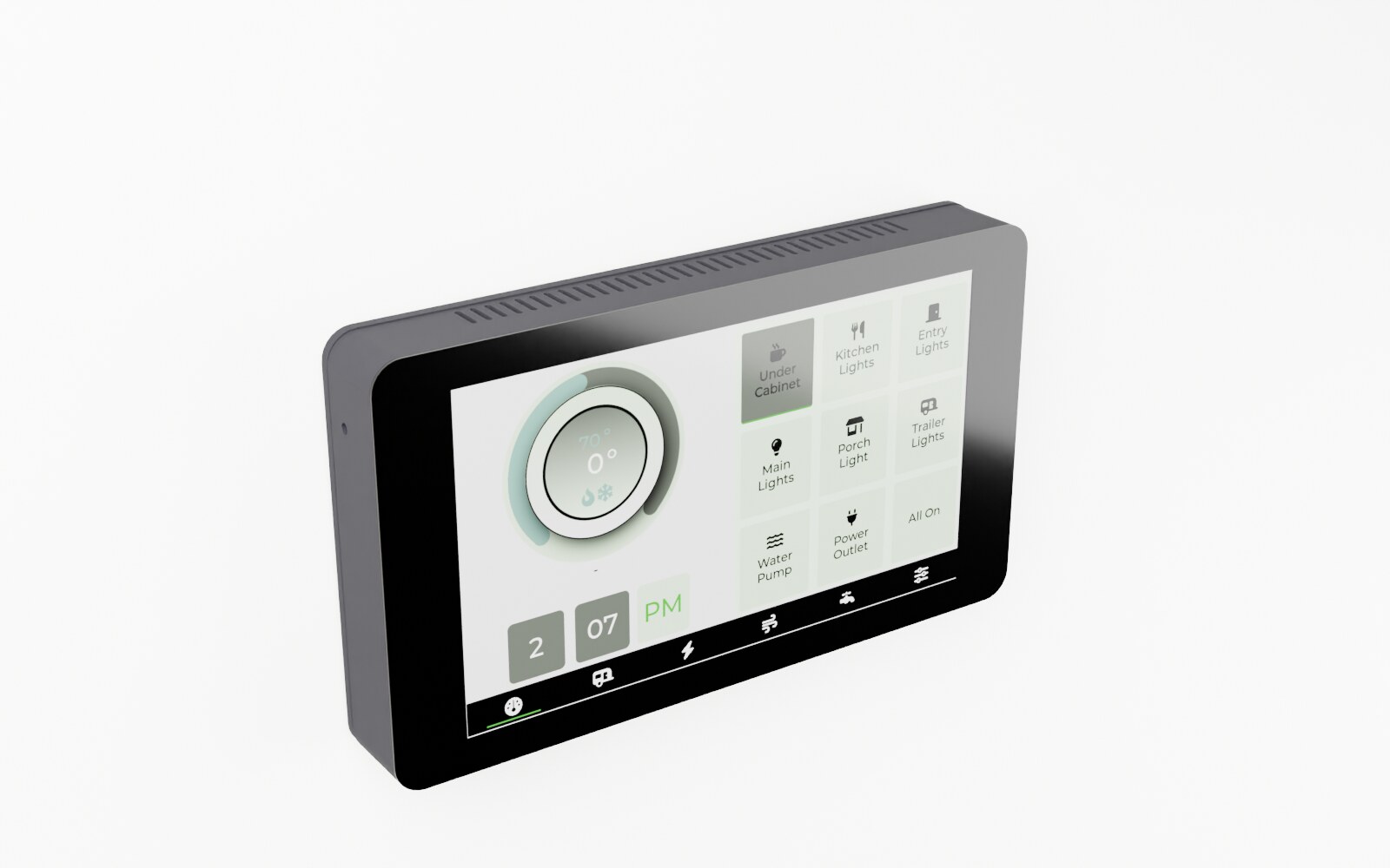 The Milepost wall panel, a seven inch widescreen touchscreen in a dark grey enclosure, showing a round thermostat dial beside a grid of lighting controls