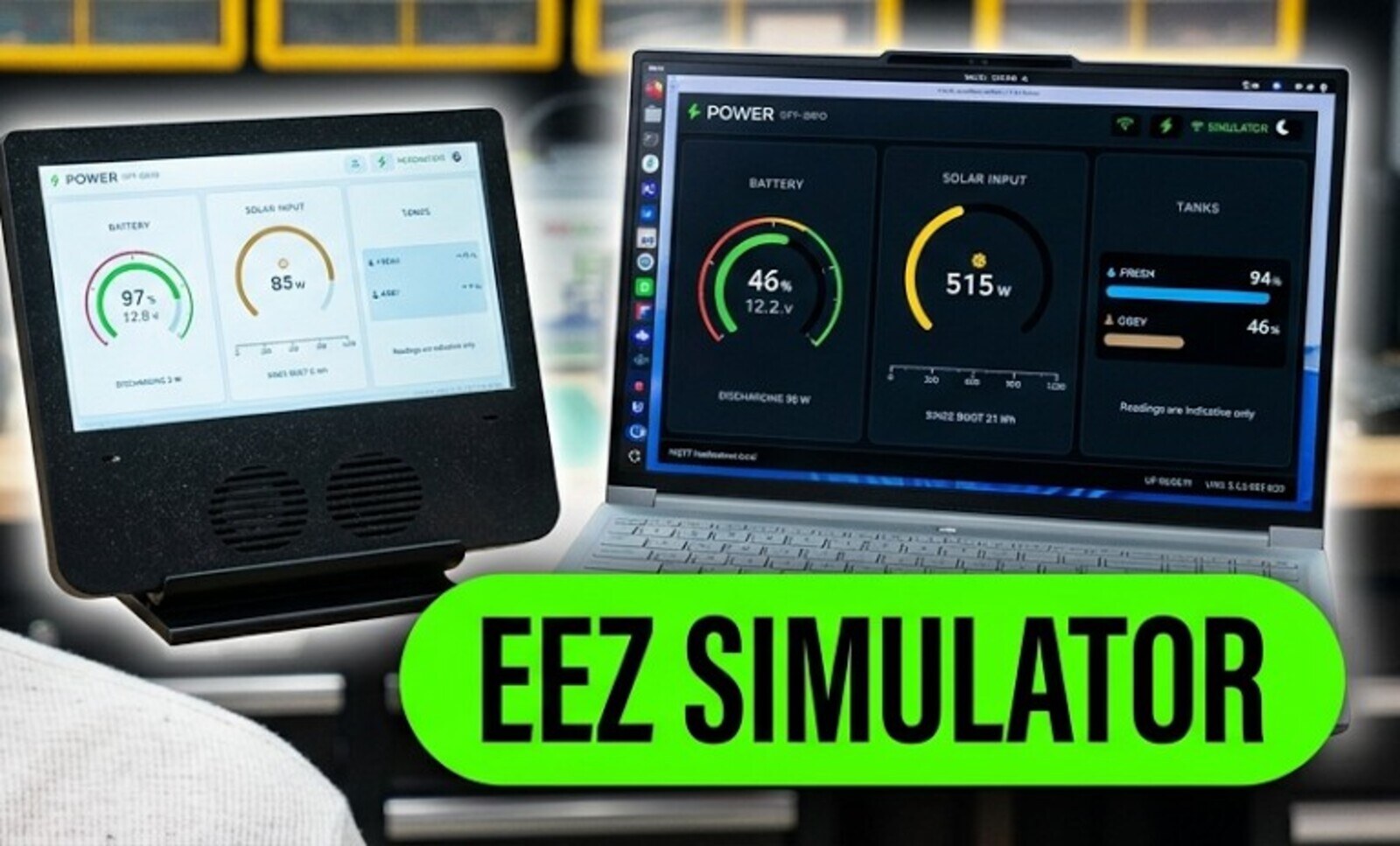 The same power dashboard running twice: on a seven inch touchscreen on the bench, and in the EEZ Studio simulator on a laptop beside it