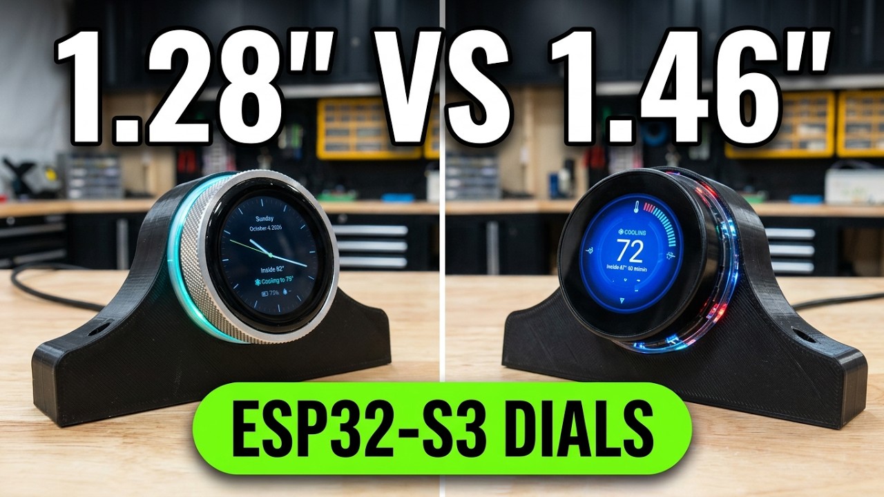 Two round dials on black printed desk stands, the smaller one glowing teal around its knurled knob and the larger one glowing red and blue