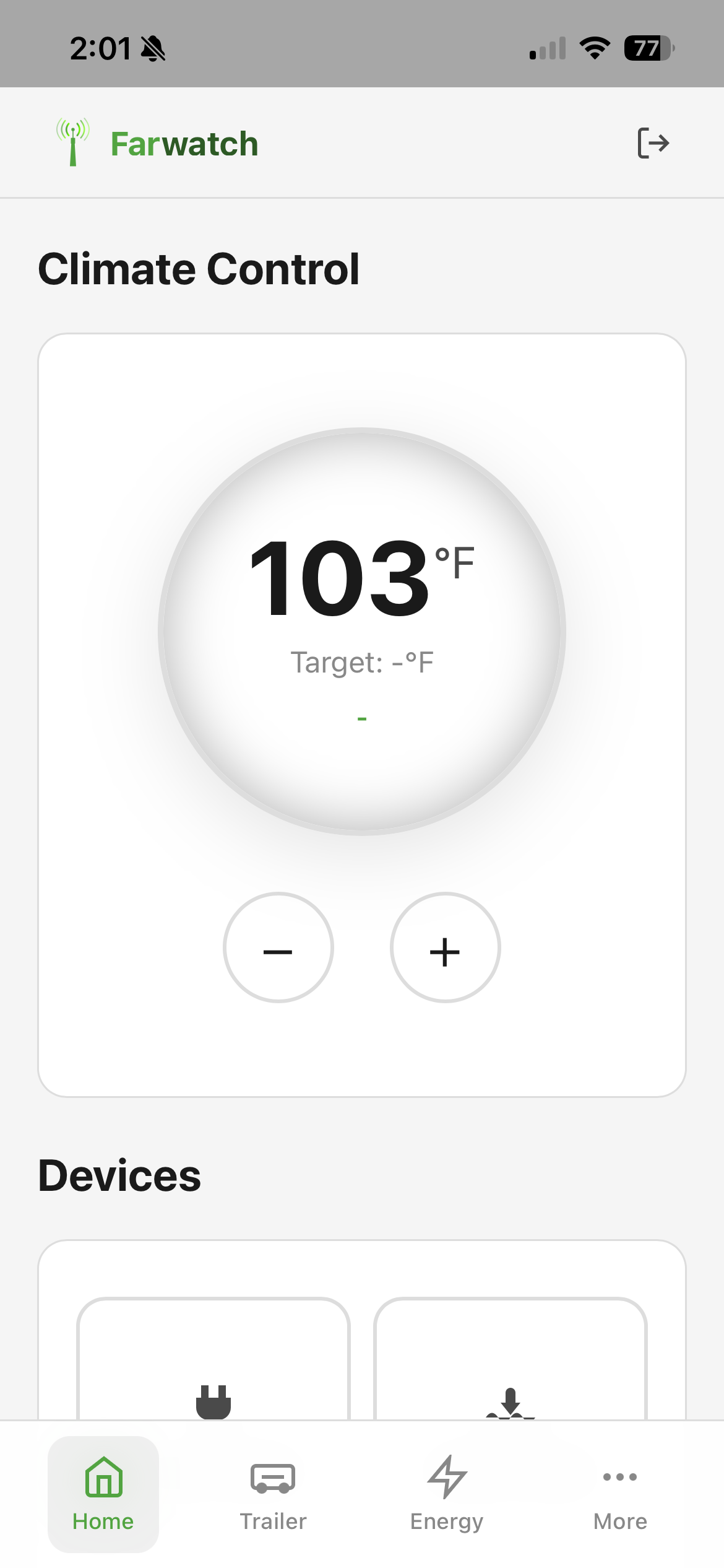 Farwatch app showing Climate Control at 103 degrees Fahrenheit inside the trailer