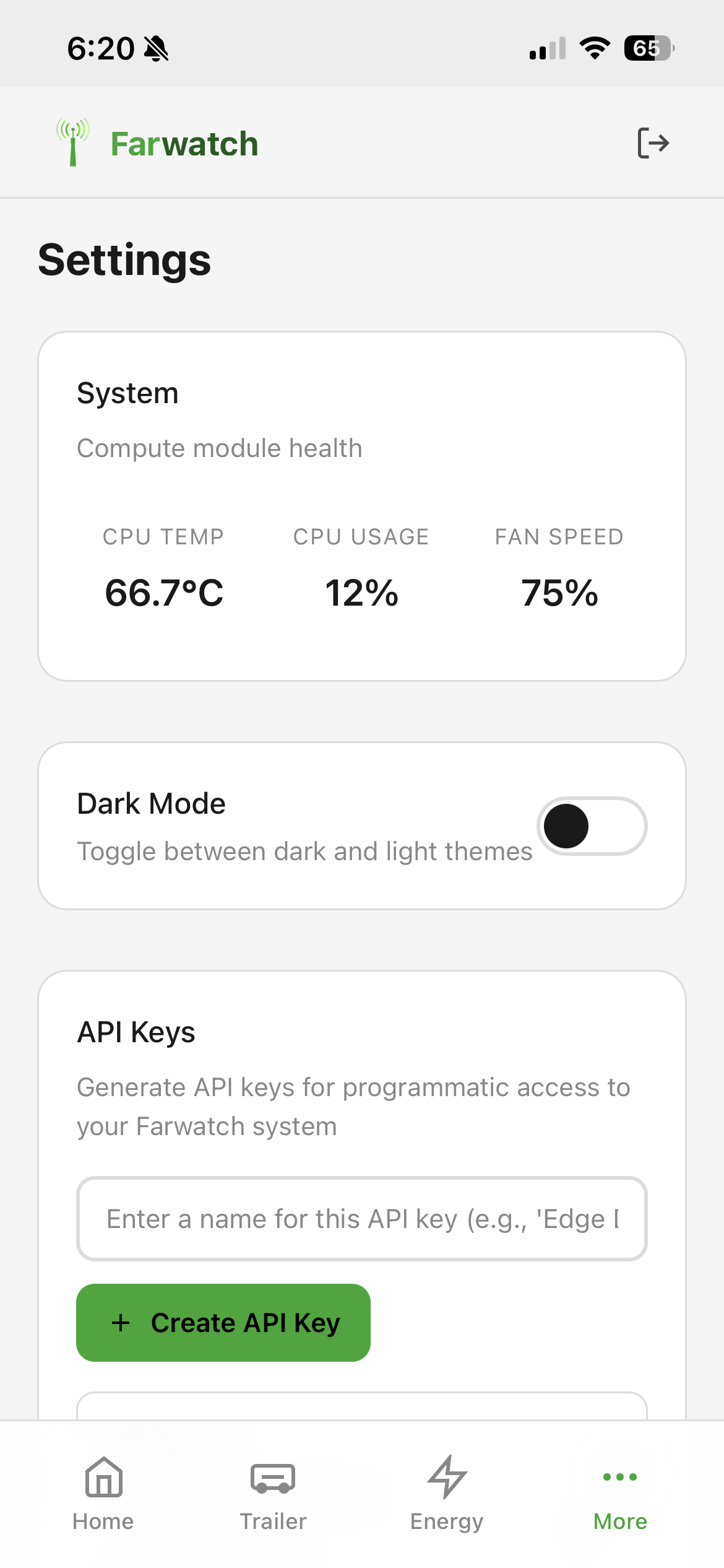 Farwatch Settings screen showing CPU temperature 66.7 degrees Celsius, CPU usage 12 percent, fan speed 75 percent