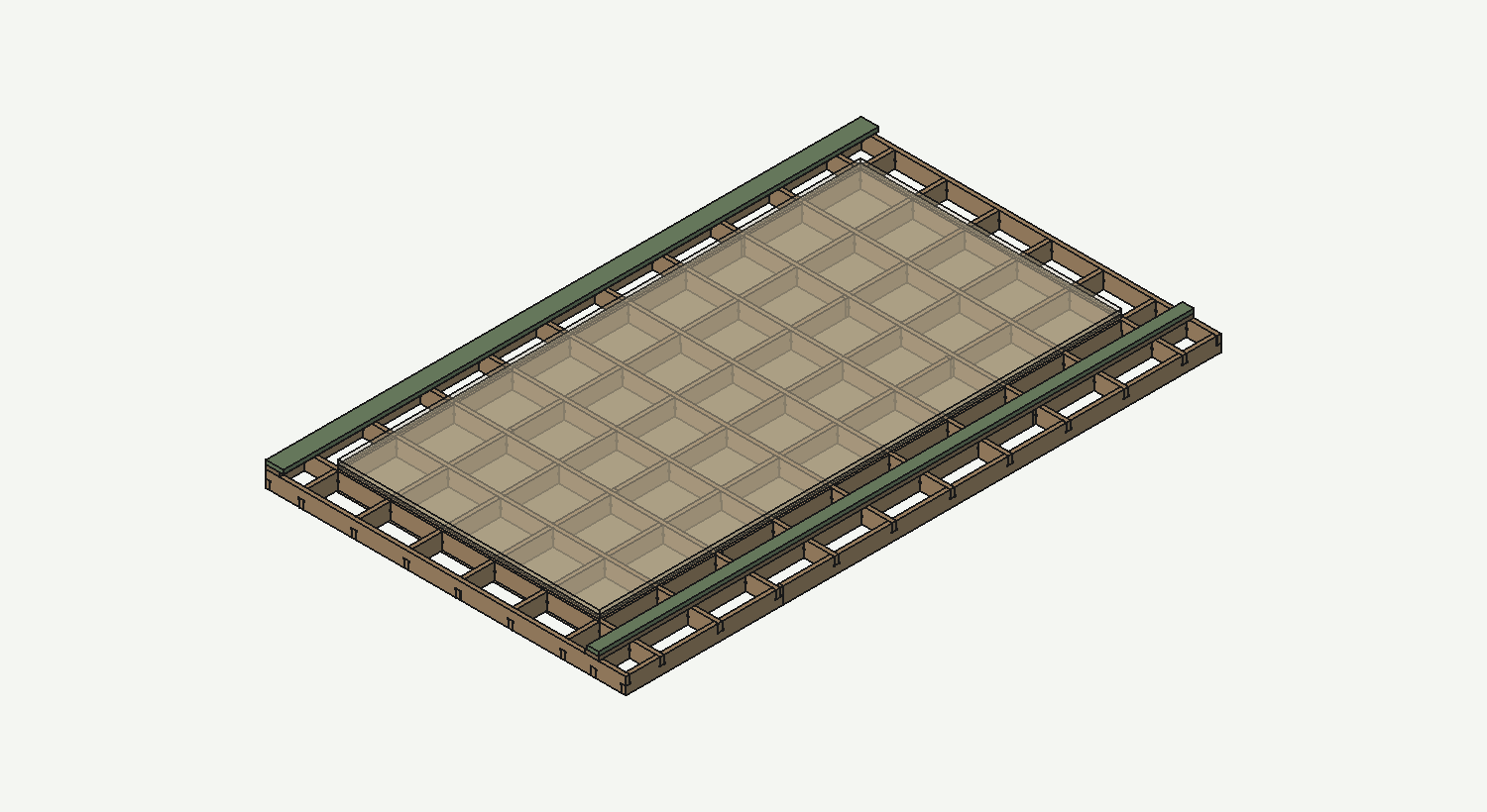An isometric render of the finished torsion table with the CNC machine's two long rails sitting on it, showing the cutting area in the middle and the extra width on one side