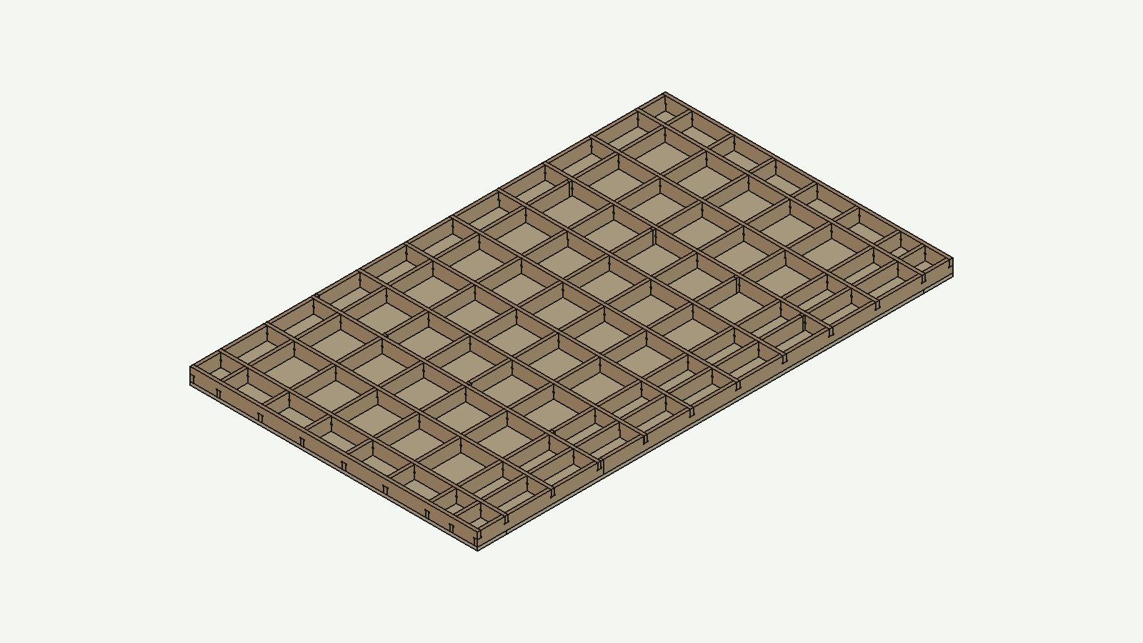 An isometric render of the torsion table frame: a large grid of interlocking wooden ribs forming an egg crate pattern, which gets a flat sheet glued to the top and bottom