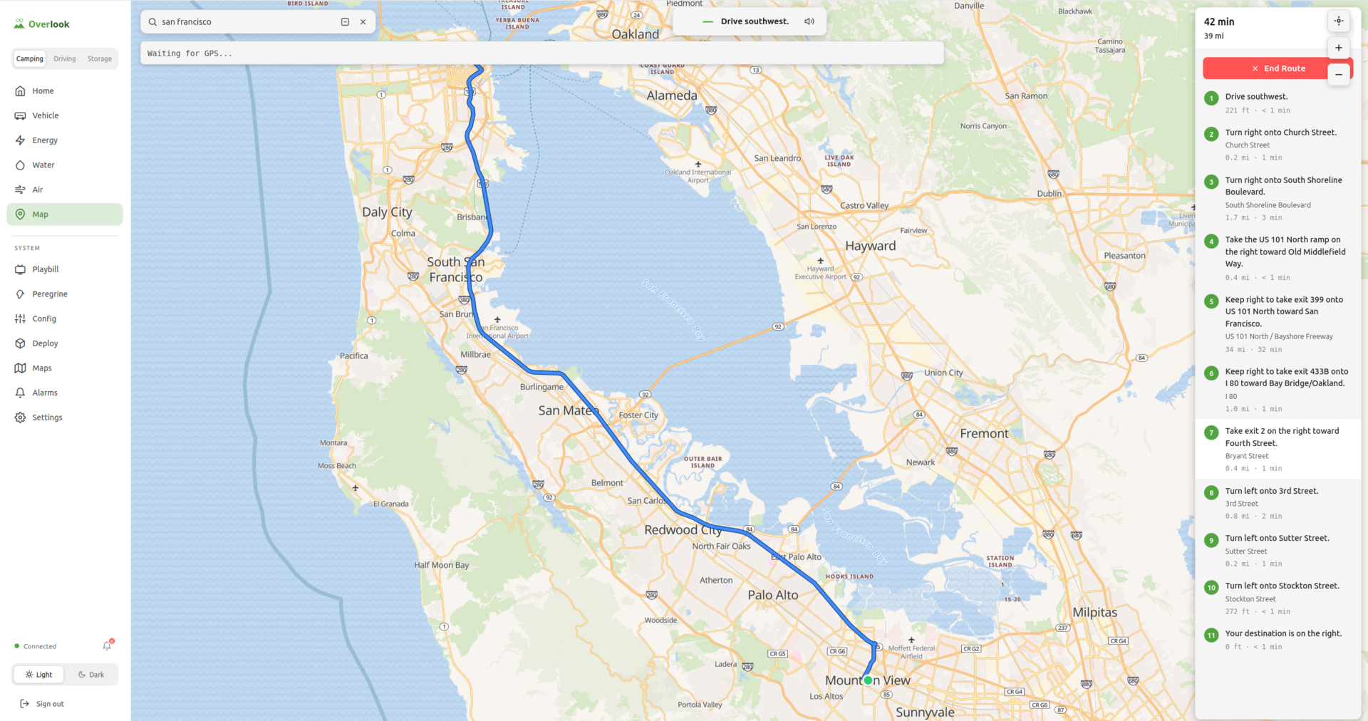 Headwaters map showing a search for San Francisco with a blue route line drawn from Mountain View up to Oakland, a 42 minute 24 mile summary at the top right, and a turn-by-turn list along the right side