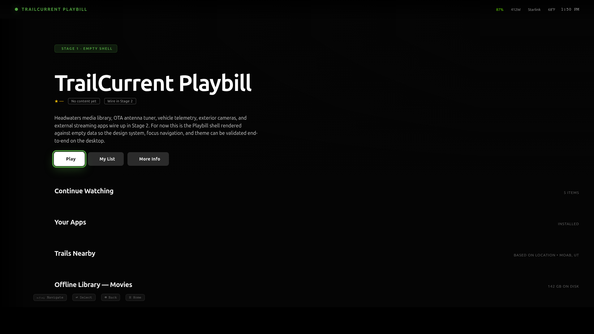 Playbill app smoke test screenshot showing an early dark-themed media browsing UI with rows of placeholder tiles