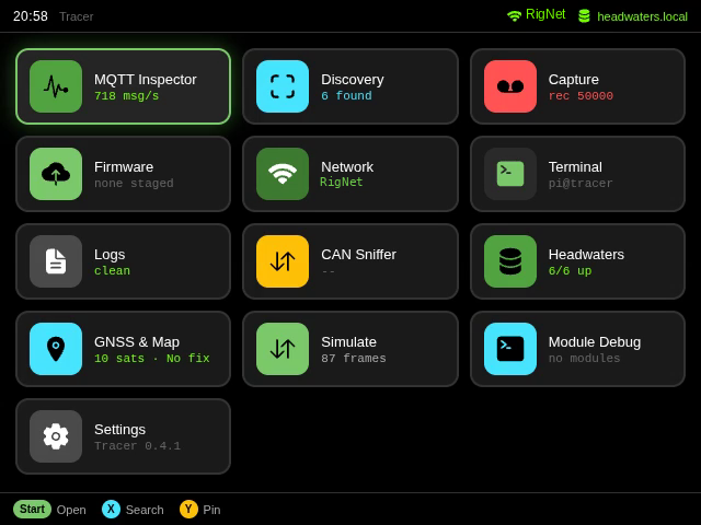 The Tracer launcher screen: a three by five grid of tiles labelled MQTT Inspector, Discovery, Capture, Firmware, Network, Terminal, Logs, CAN Sniffer, Headwaters, GNSS and Map, Simulate, Module Debug and Settings, each with a live status line