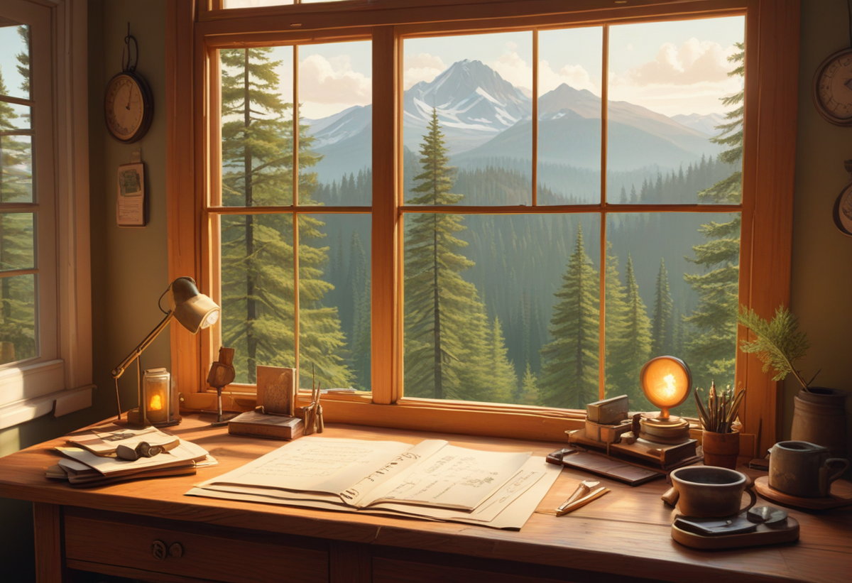 Illustrated cozy workshop scene: open notebook and tools on a wooden workbench, warm desk lamp and lantern glow, pine forest and snow-capped mountains through a tall central window at golden hour, in TrailCurrent's forest green palette