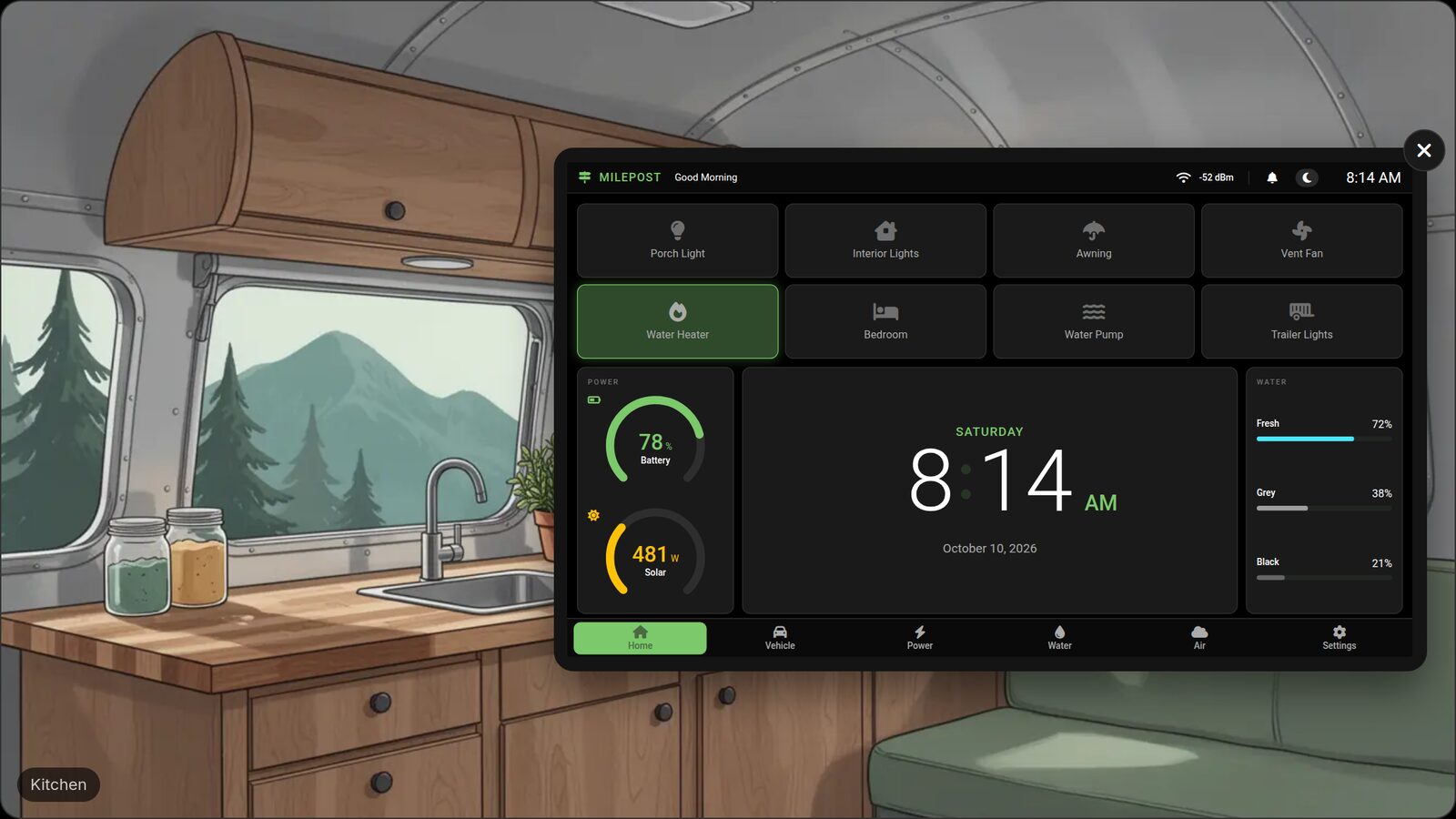 The Milepost touchscreen open on the kitchen wall of an illustrated travel trailer, showing device tiles, battery and solar gauges, the clock and water tank levels