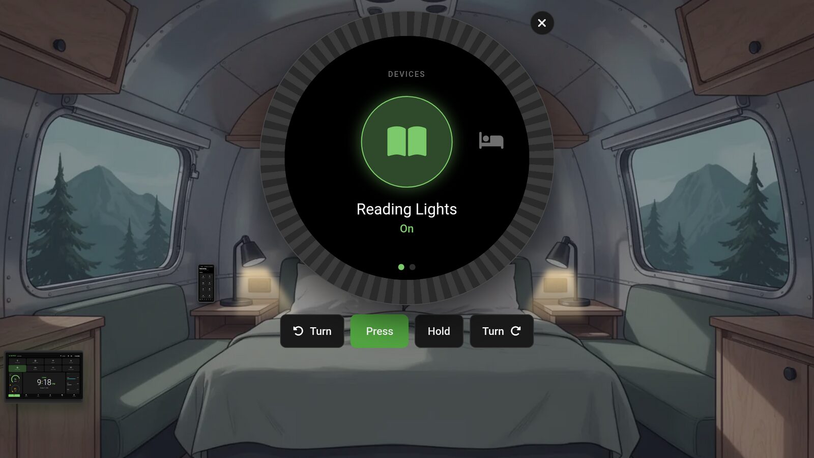 The round Capstan dial open in the bedroom of an illustrated travel trailer at night, showing Reading Lights switched on, with both bedside lamps glowing and Turn, Press and Hold buttons underneath