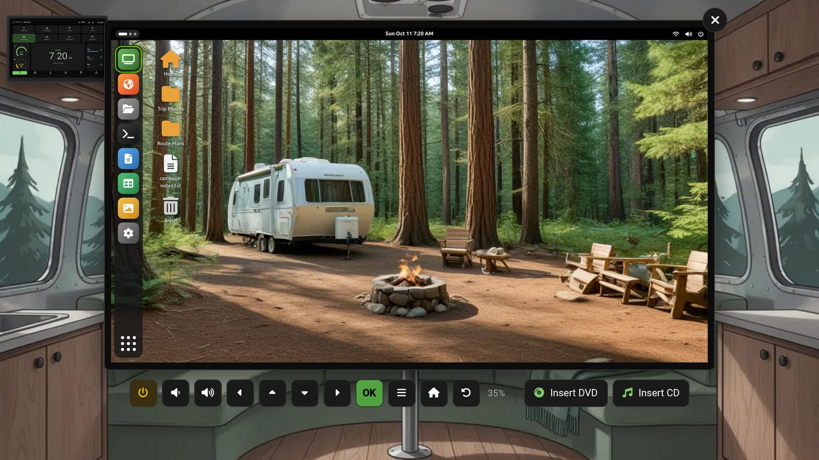A full Linux desktop on the TV in the living space, with a dock of apps down the left side, folders and files on the desktop, and a forest campsite wallpaper with a travel trailer and a campfire
