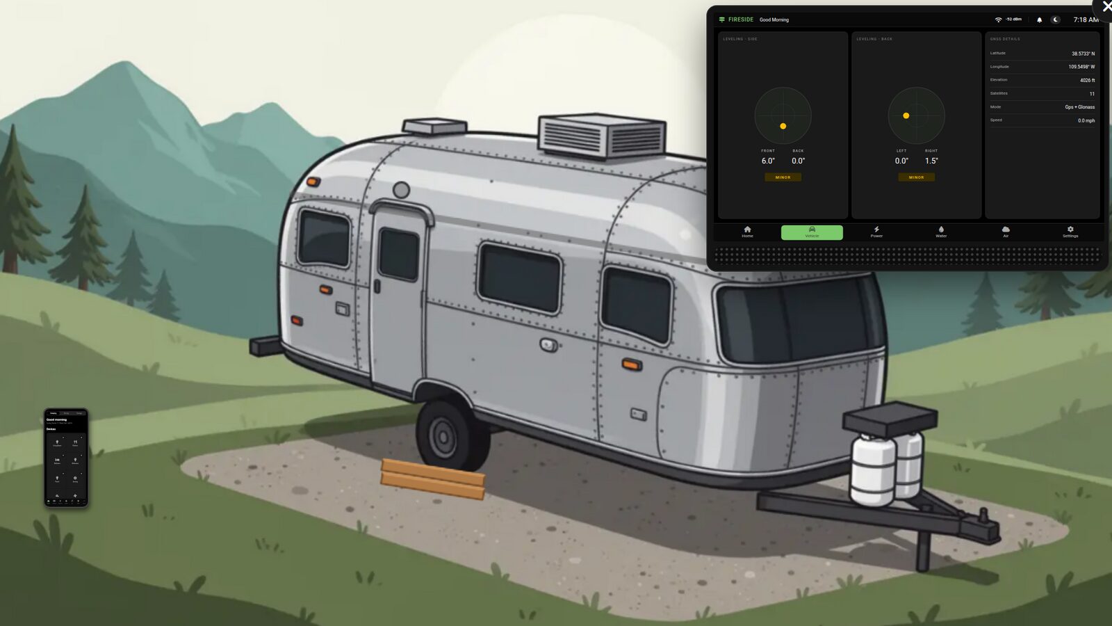 The outside of an illustrated travel trailer parked on a slope with leveling blocks under the wheel, and the Fireside screen open in the corner showing two leveling bubbles