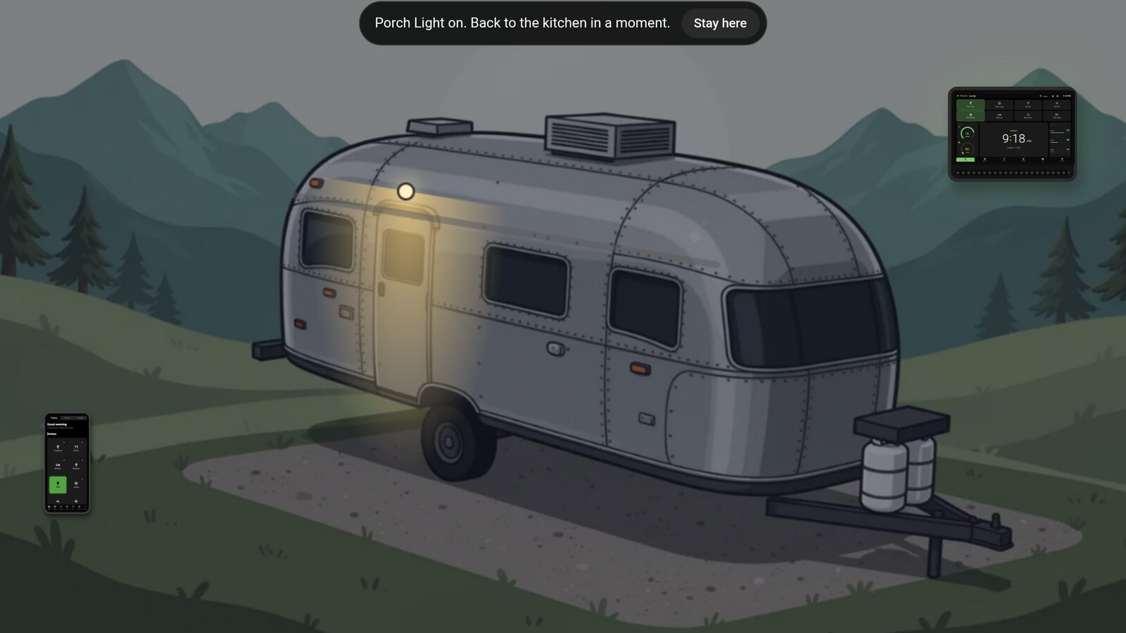 The outside of an illustrated travel trailer at night with the porch light glowing by the door, and a note at the top reading Porch Light on. Back to the kitchen in a moment, with a Stay here button