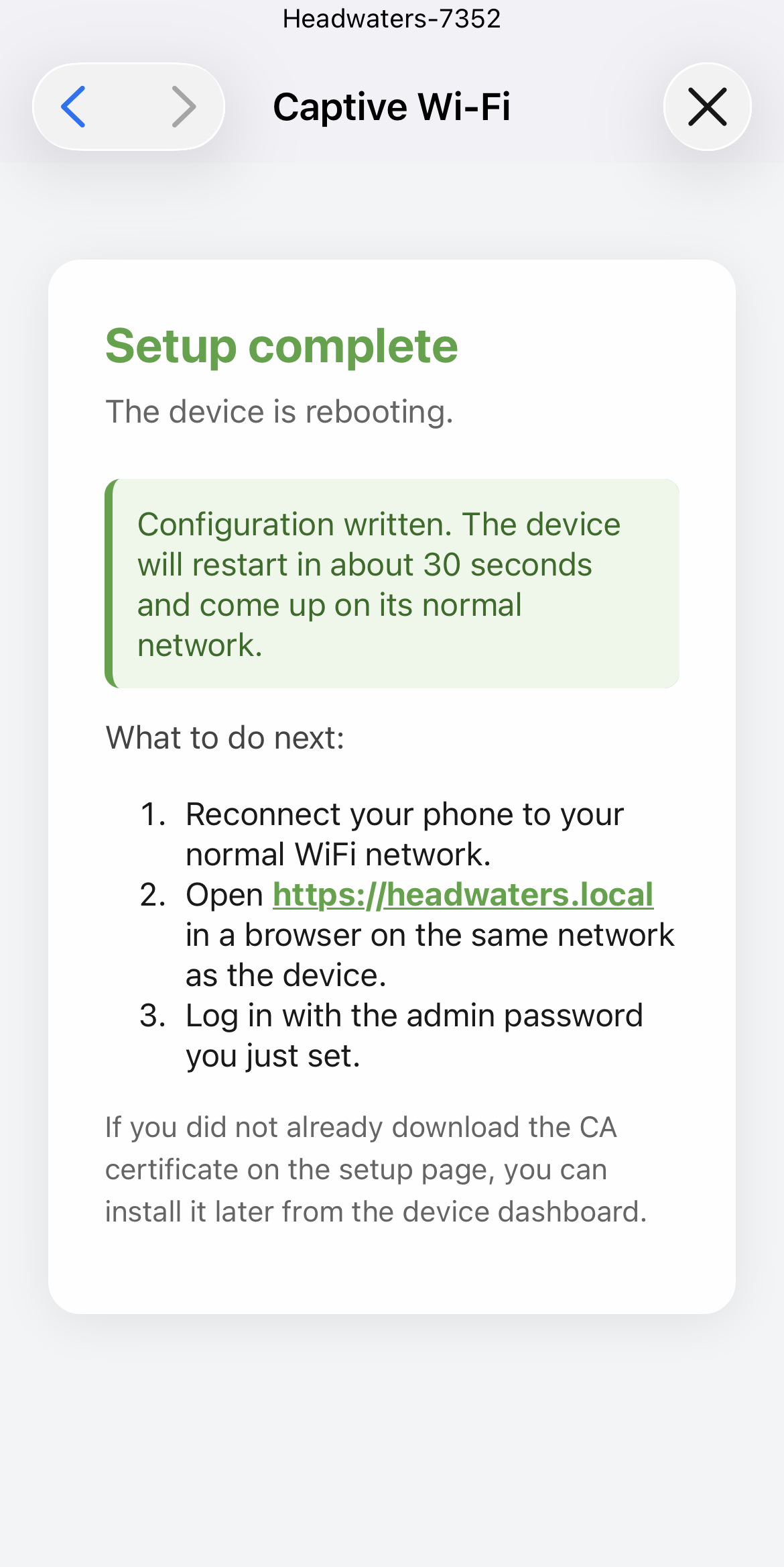 Headwaters WiFi provisioning setup page on a phone, showing the network selection and password fields for joining your rig WiFi