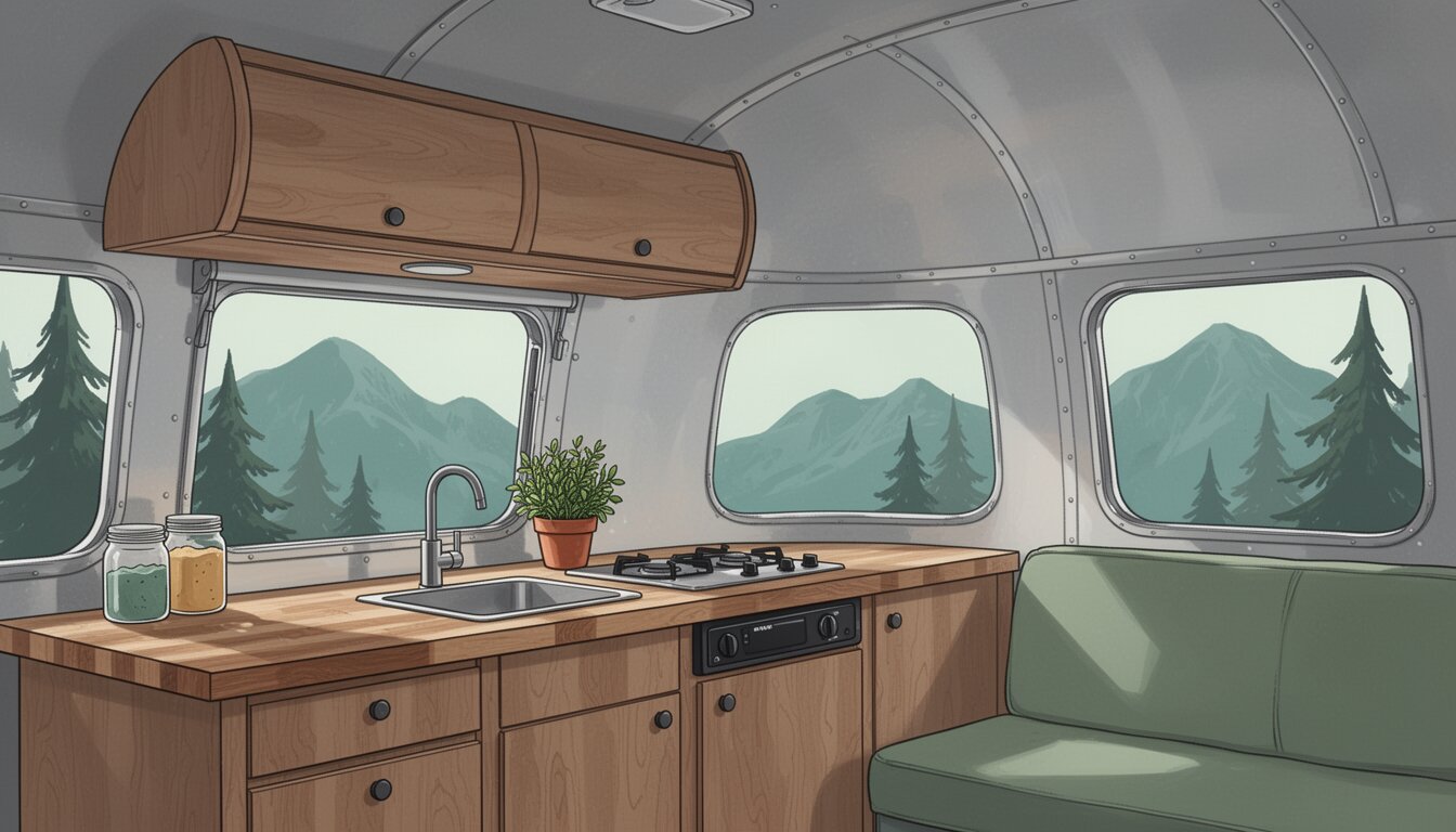 Illustrated travel trailer kitchen with a sink, stove and mountain views