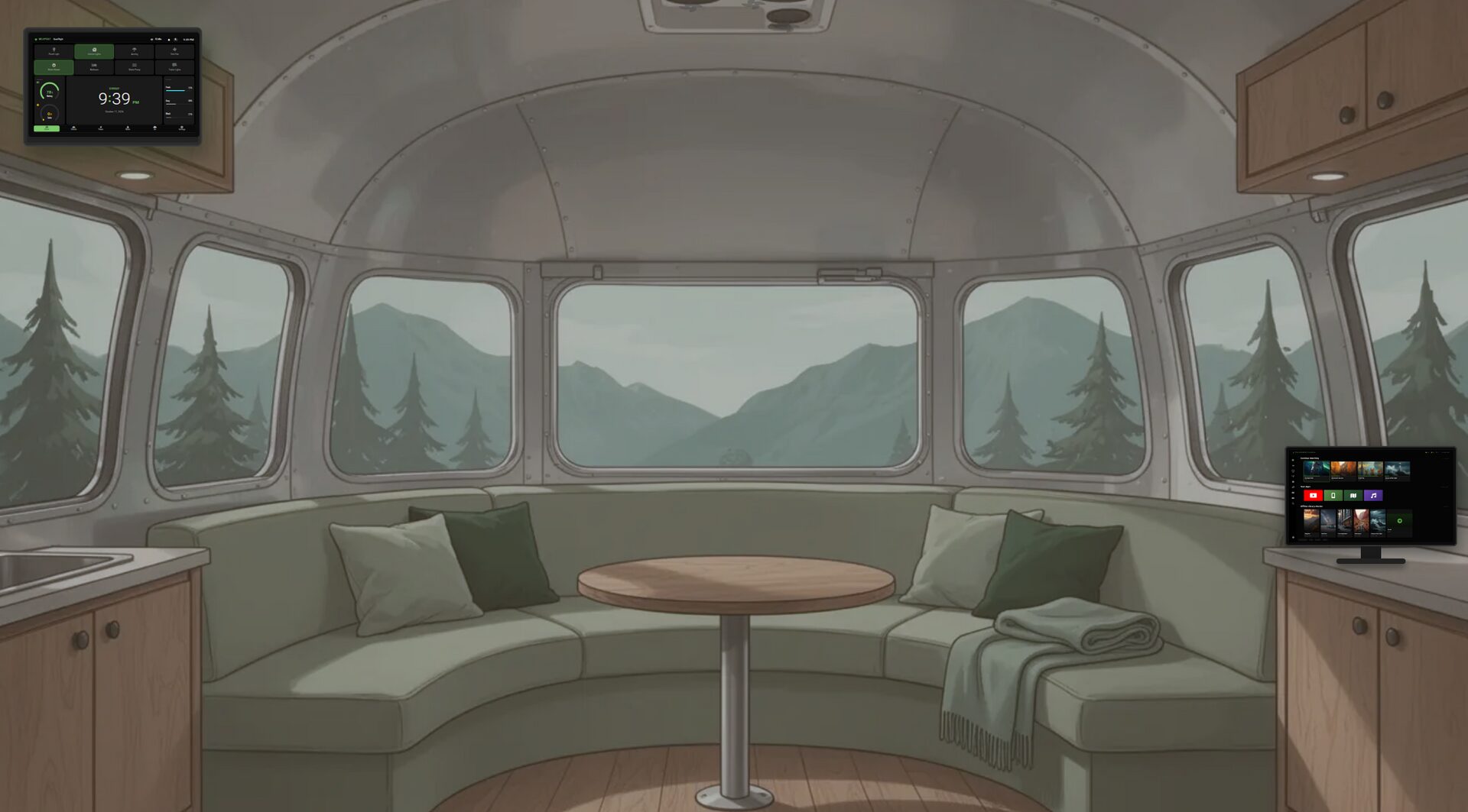Illustrated travel trailer lounge at night with a wall screen and a TV on the counter