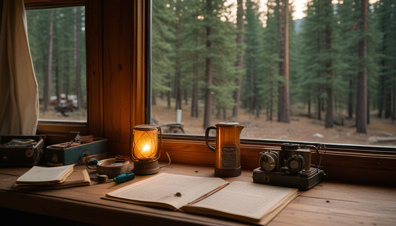 A field journal open on a rustic wooden desk inside a cabin, with tools and a vintage camera, a pine forest visible through the window at golden hour