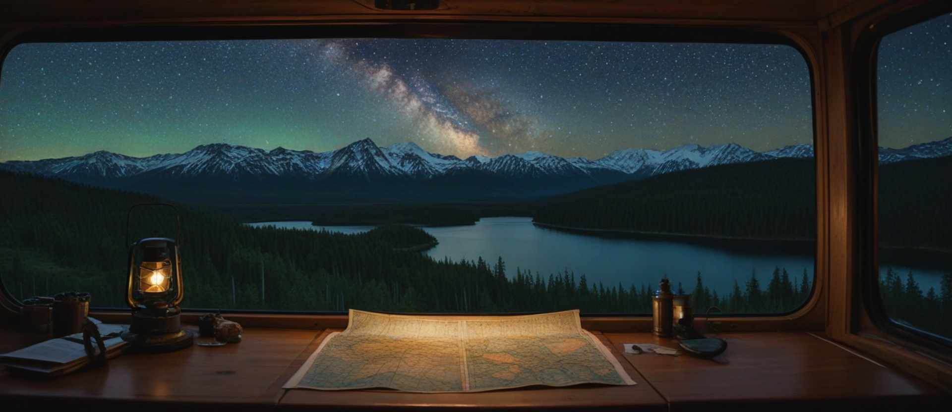 View from inside a camper at night: topographic map and brass compass on the desk, milky way over the mountains through the window