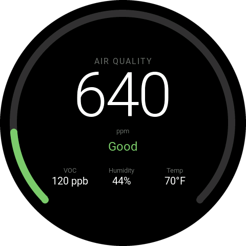 Air Quality screen reading 640 ppm, Good, with VOC 120 ppb, humidity 44 percent and 70 degrees