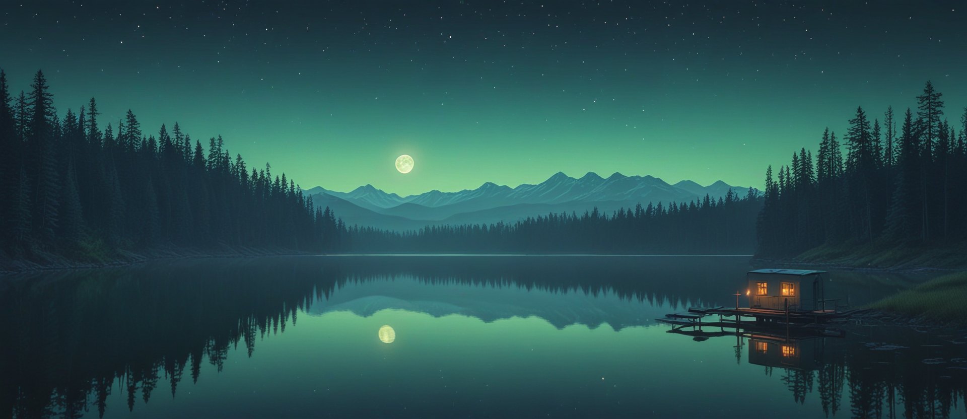 A travel trailer with a warm glowing window beside a wooden dock on a still mountain lake at dusk