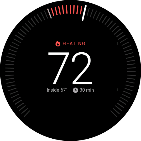 Climate screen showing HEATING, a setpoint of 72, inside 67 degrees and 30 minutes to reach it, with the range lit red on the tick ring