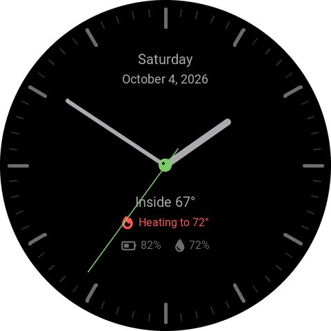 Classic analog clock face at 1:50 with the date, inside temperature 67 degrees, heating to 72, battery 82 percent and fresh water 72 percent