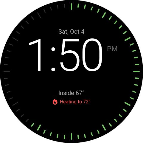Digital clock face reading 1:50 PM inside a ring of second ticks, with inside temperature and heating status