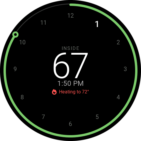 Climate Ring clock face with twelve hour numerals around the edge and the inside temperature, 67, large in the middle