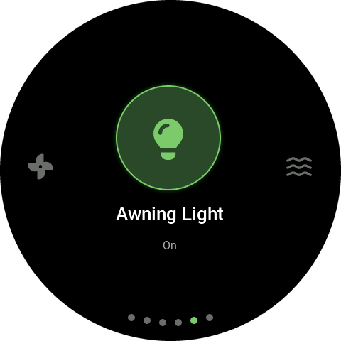 Devices screen with the Awning Light glowing green as switched on, a fan and a water pump either side, and six dots showing the devices on this dial