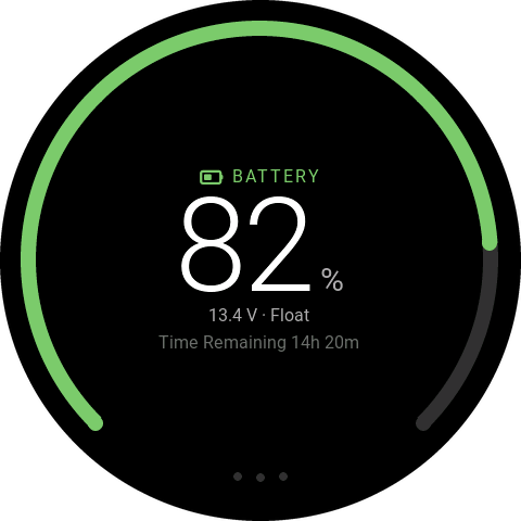Energy screen showing the battery at 82 percent, 13.4 volts on float, and 14 hours 20 minutes remaining