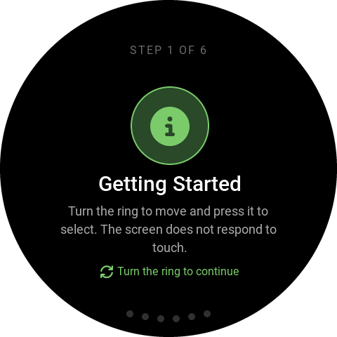 Capstan Getting Started screen, step 1 of 6, explaining that you turn the ring to move and press it to select