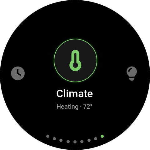 Capstan menu with Climate selected in the centre, heating to 72 degrees, and neighbouring apps either side