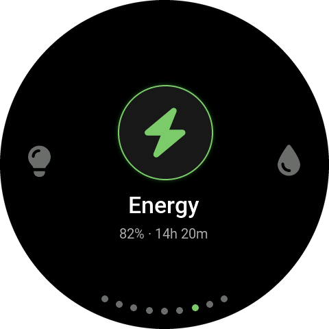Capstan menu with Energy selected, showing 82 percent and 14 hours 20 minutes remaining