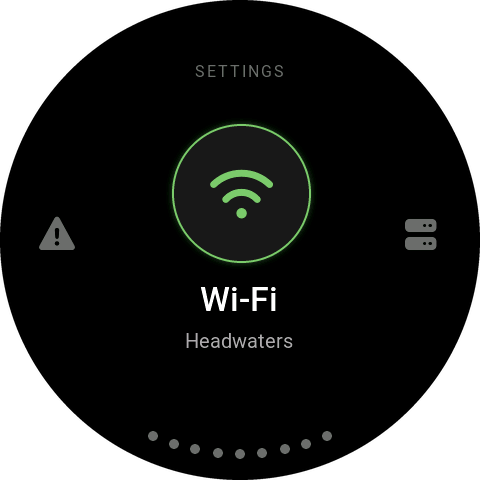 Settings screen in the dark theme with Wi-Fi selected, connected to Headwaters