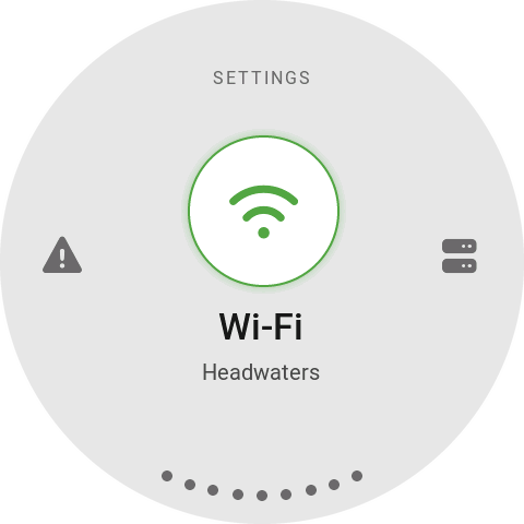 Settings screen in the light theme with Wi-Fi selected, connected to Headwaters