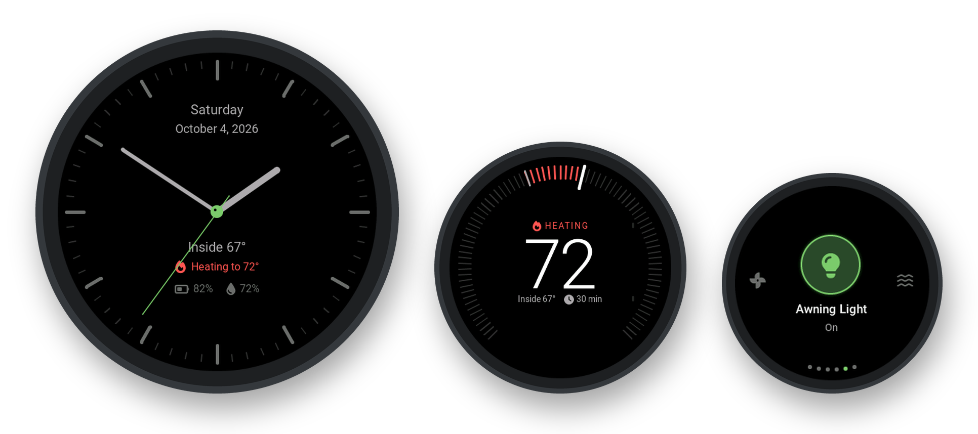 Three round Capstan screens side by side at true relative size: the 2.1 inch showing the classic clock face, the 1.46 inch showing the thermostat heating to 72 degrees, and the 1.28 inch showing the Awning Light switched on