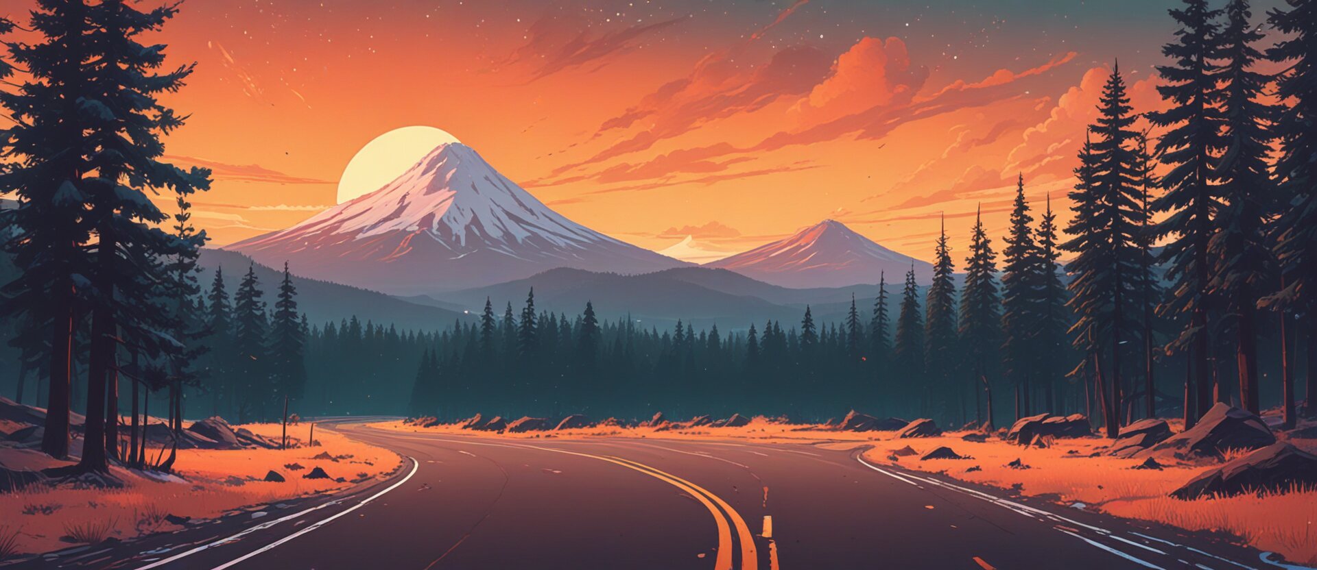 An empty two-lane highway curving through pine forest at sunset toward a snow-capped Cascade volcano
