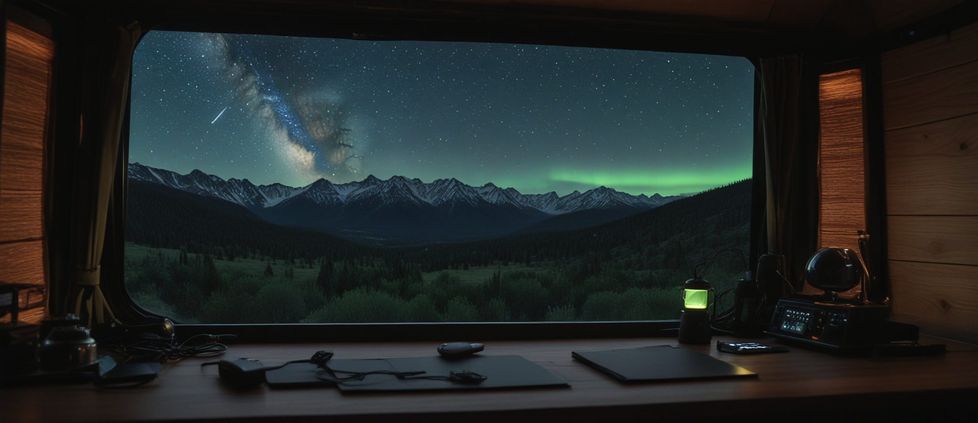 Headwaters inside a camper van at night, stars and aurora over the mountains