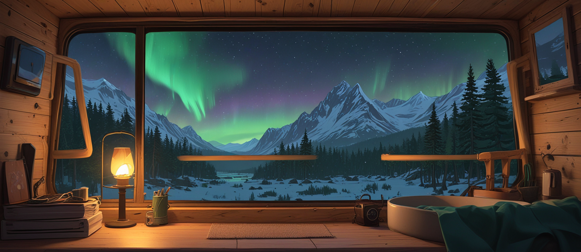 Camper van interior at night with the Peregrine voice assistant on a shelf, aurora visible through the window