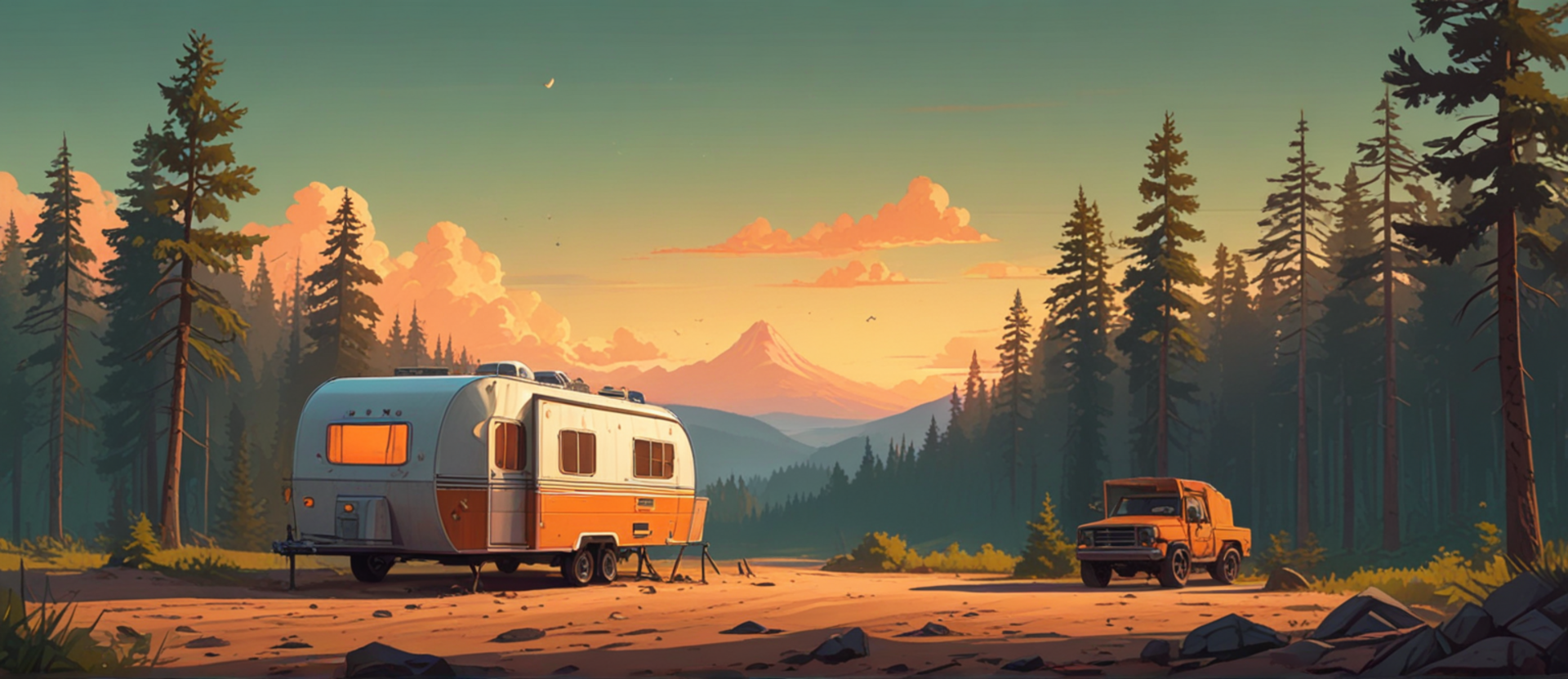 A travel trailer unhitched at a pine forest campsite at sunset, its jacks down, with the pickup truck parked beside it