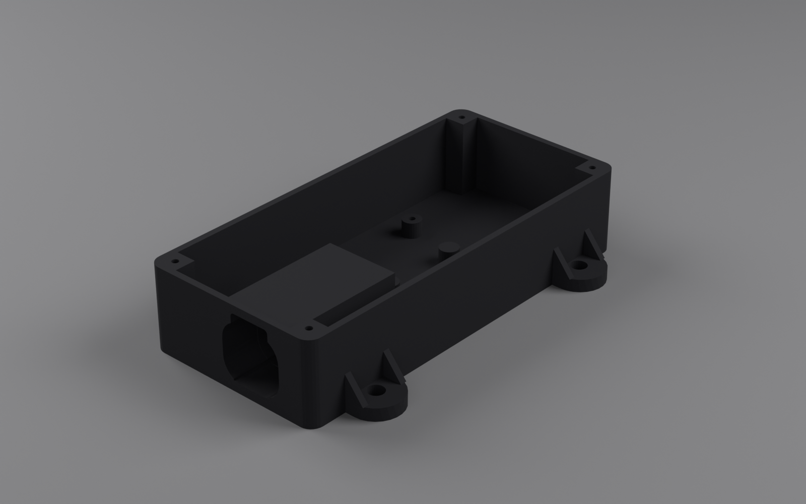 Plateau case bottom, 3D printed, showing the board standoffs and the connector opening