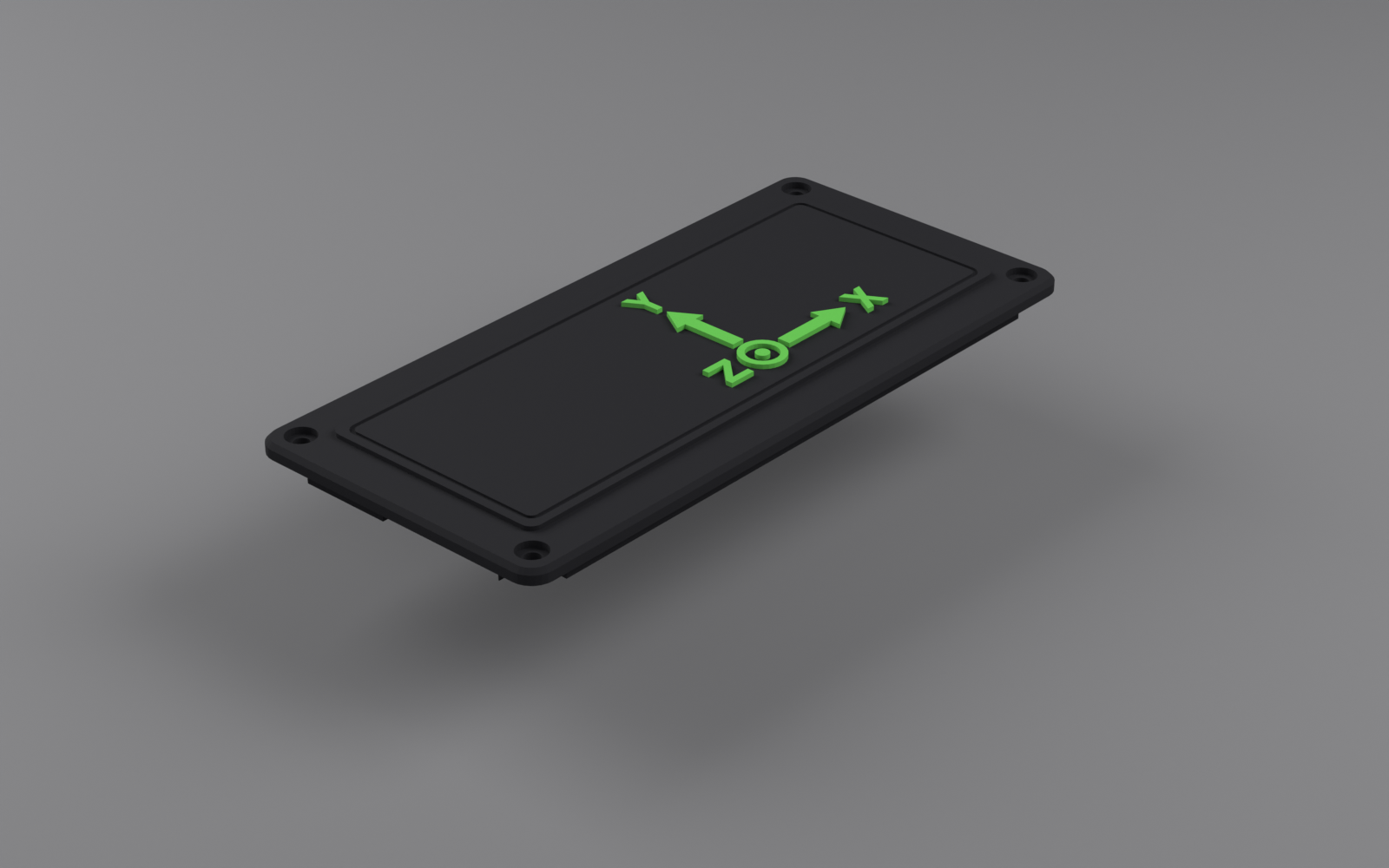 Plateau case cover, 3D printed, with raised green X, Y and Z axis markings