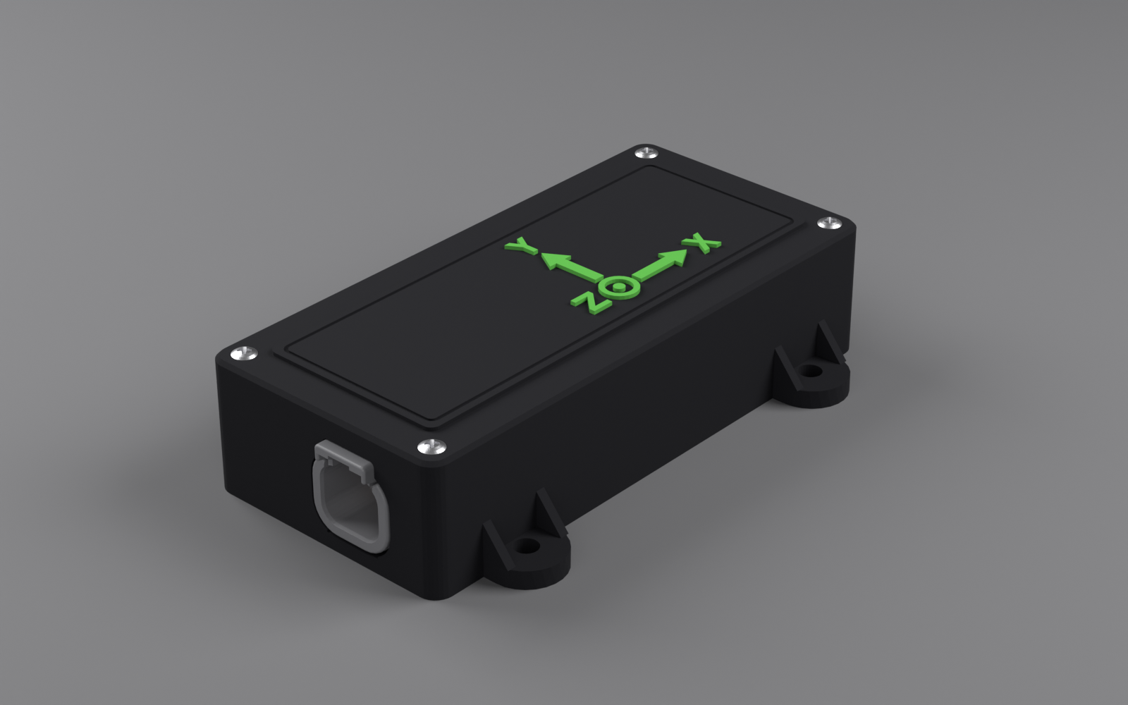TrailCurrent Plateau enclosure rendering, black case with green X, Y and Z axis markings on the lid and a Deutsch connector on the end