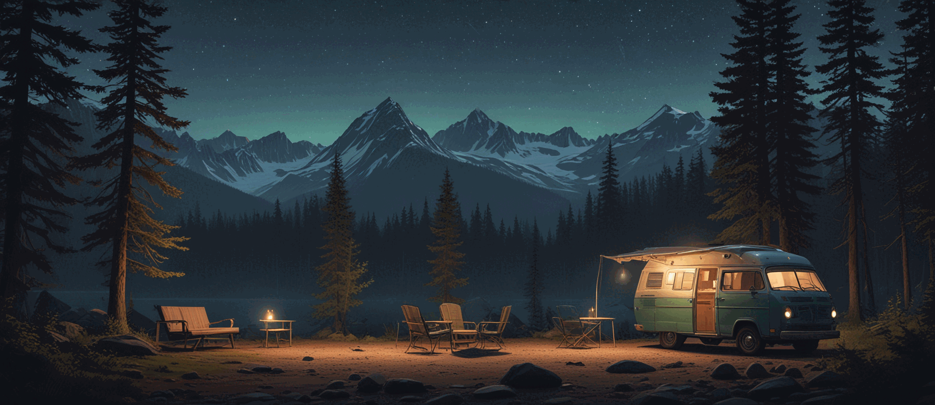 A camper van parked in a forest at night, warm interior glow visible through the windows, mountains and a soft aurora behind