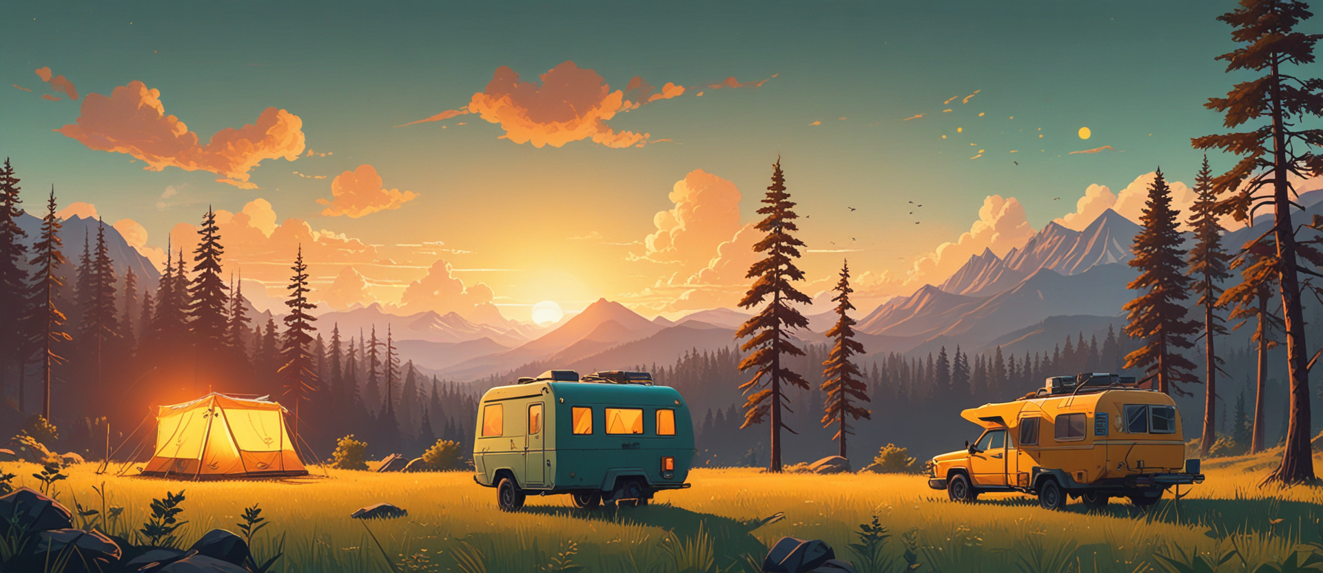 Stylized dawn light over an off-grid camper with solar panels angled toward the sunrise, forest treeline in the foreground