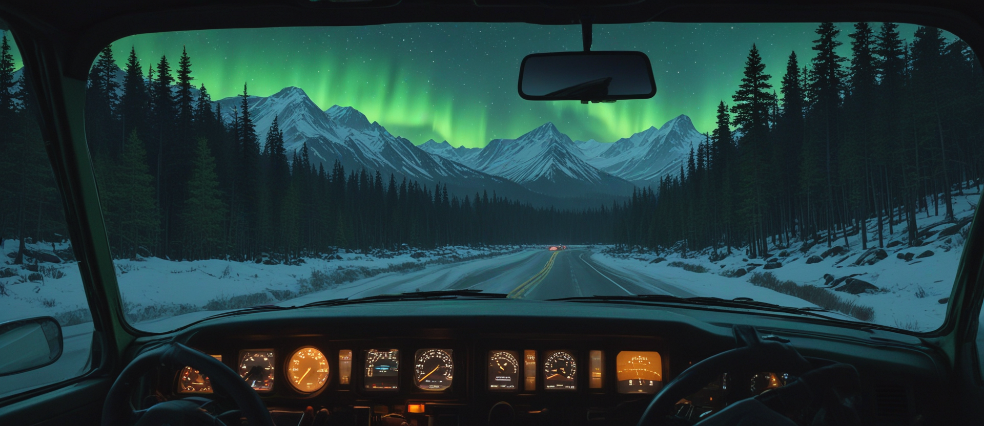 Nighttime view from inside a cockpit, dashboard glow in the foreground, snowy mountain highway disappearing into the distance under a green aurora