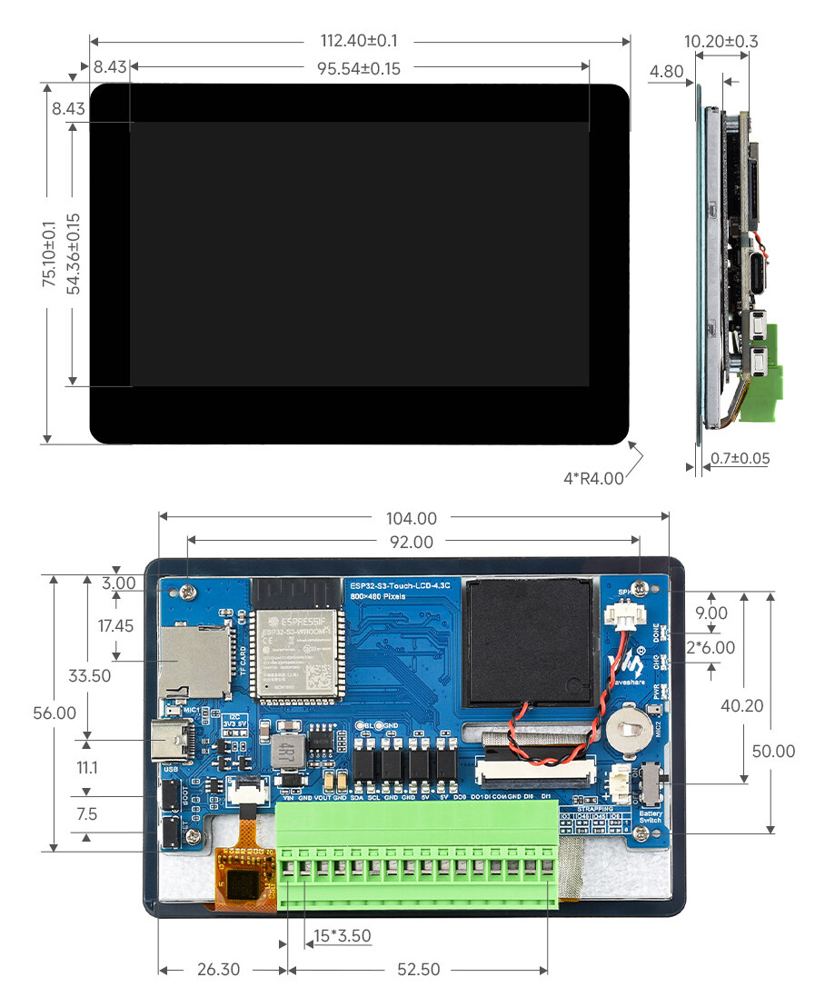 Bare Waveshare ESP32-S3-Touch-LCD-4.3C PCB dimensions: 112.4 mm wide, 75.1 mm tall, 10.2 mm deep