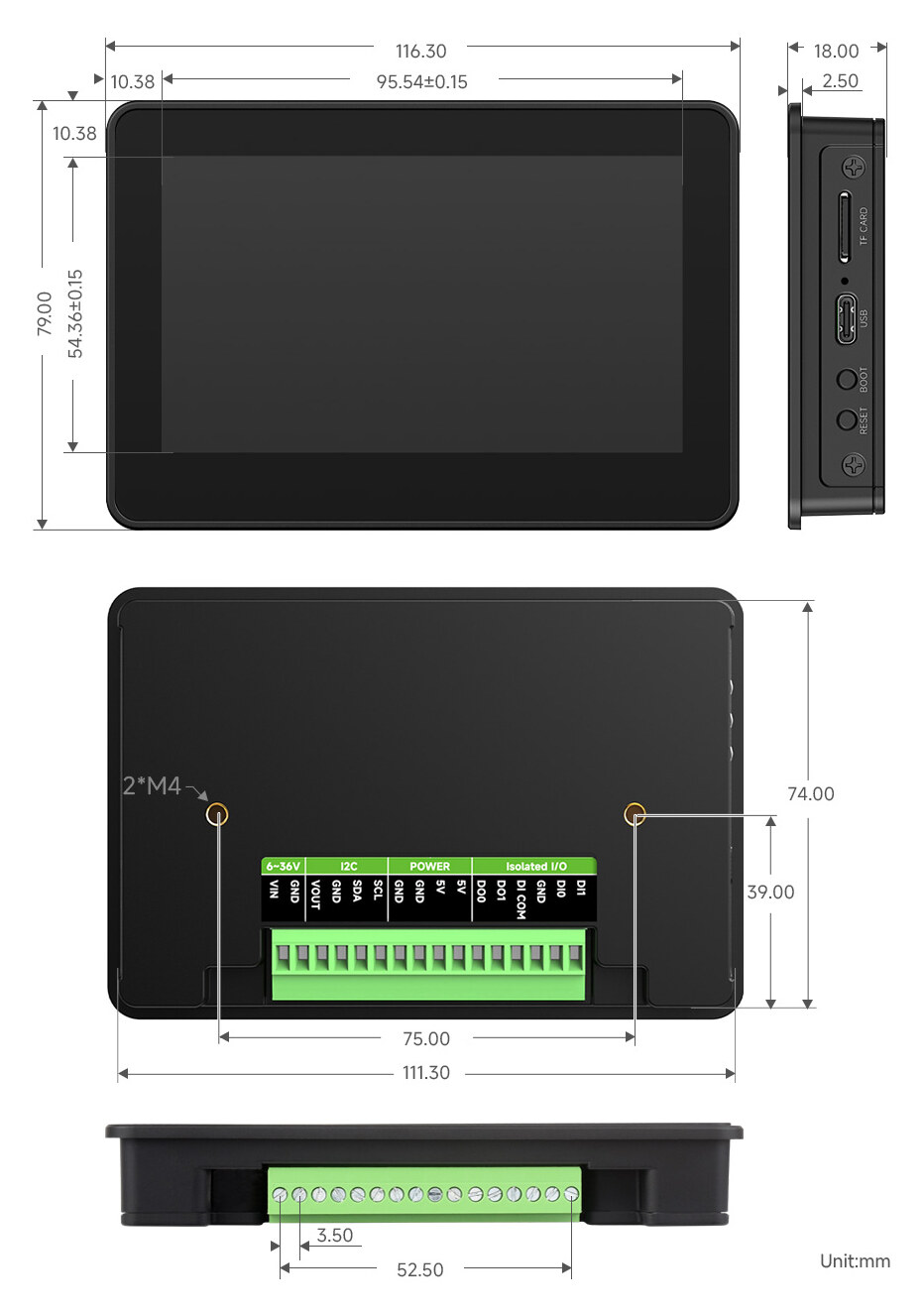 Spotter outline dimensions: 116.3 mm wide, 79 mm tall, 18 mm deep, with two M4 mounting holes 75 mm apart on the back