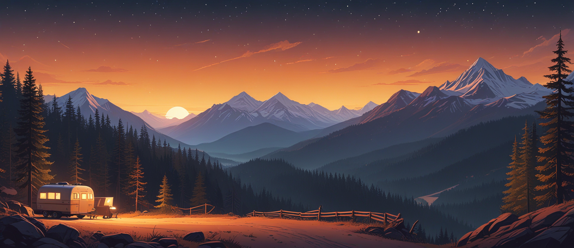Two campers parked in a pine forest at night with a small fire between them and silhouetted mountains beyond