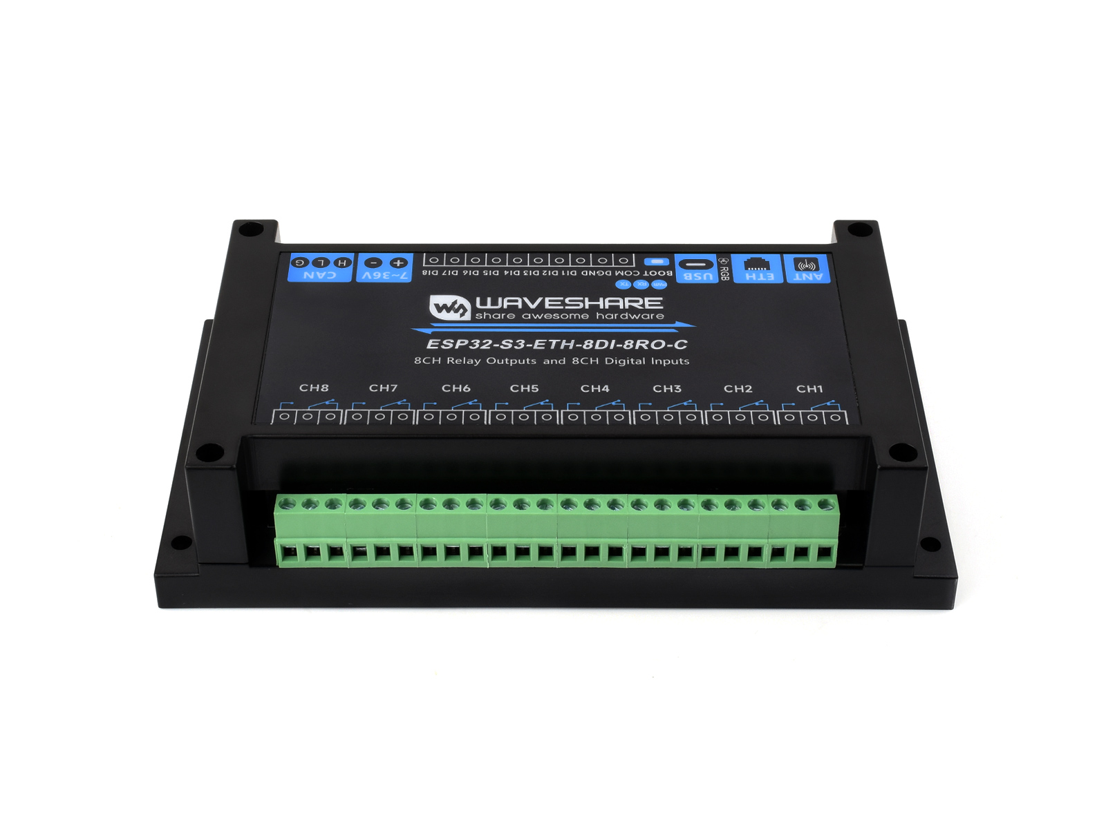 Switchback module: black plastic enclosure with four corner mounting holes, green terminal blocks, and Waveshare ESP32-S3 ETH 8DI 8RO controller